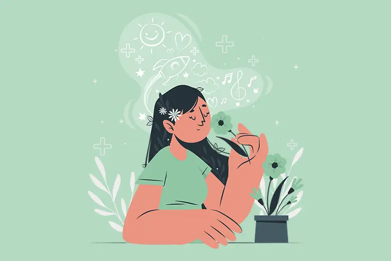 La imagen muestra una ilustración de una mujer oliendo una flor mientras tiene pensamientos positivos