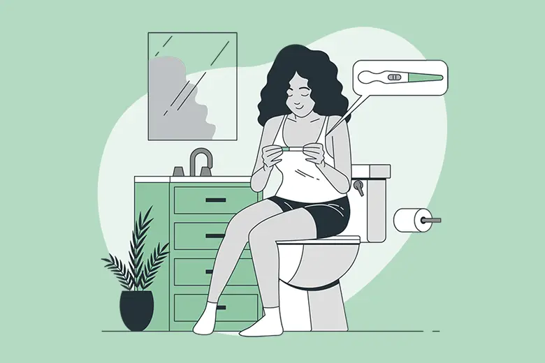 La imagen muestra una ilustración de una mujer leyendo los resultados de una prueba de embarazo en su baño