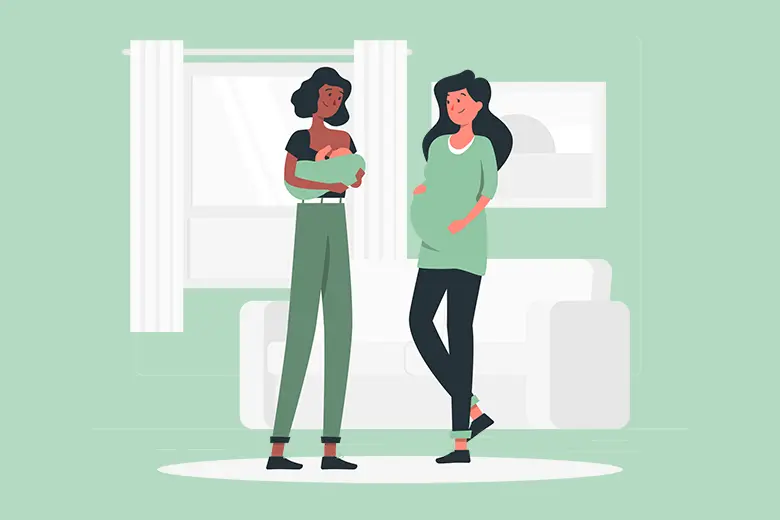 La imagen muestra una ilustración de una mujer alimentando a un recién nacido y una mujer embarazada junto a ella