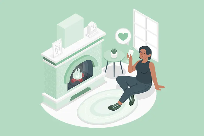La imagen muestra una ilustración de una mujer relajándose frente a una chimenea
