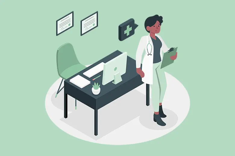 La imagen muestra una ilustración de una doctora en su consultorio