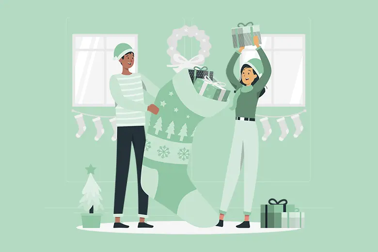 La imagen muestra una ilustración de una pareja llenando una bolsa de regalos para navidad