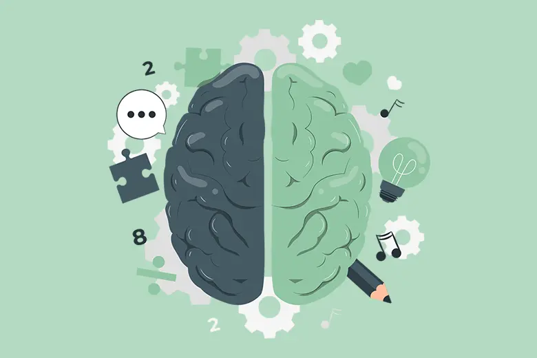 La imagen muestra una ilustración de las dos partes del cerebro con sus distintas funciones