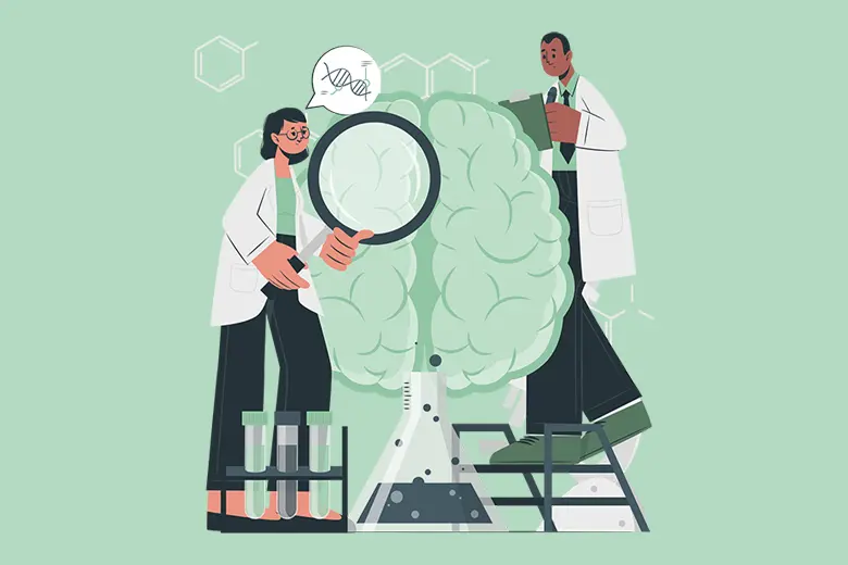 La imagen muestra una ilustración de dos científicos analizando un cerebro