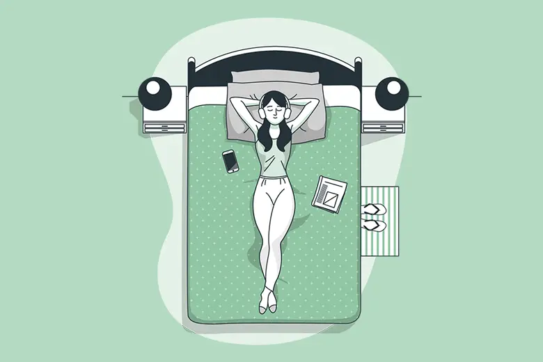 La imagen muestra una ilustración de una mujer joven escuchando música en su cama