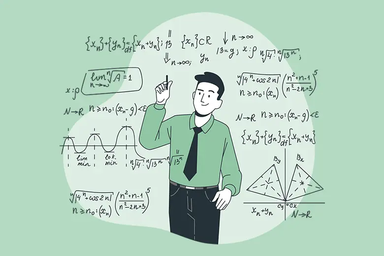 La imagen muestra una ilustración de un hombre rodeado de ecuaciones matemáticas