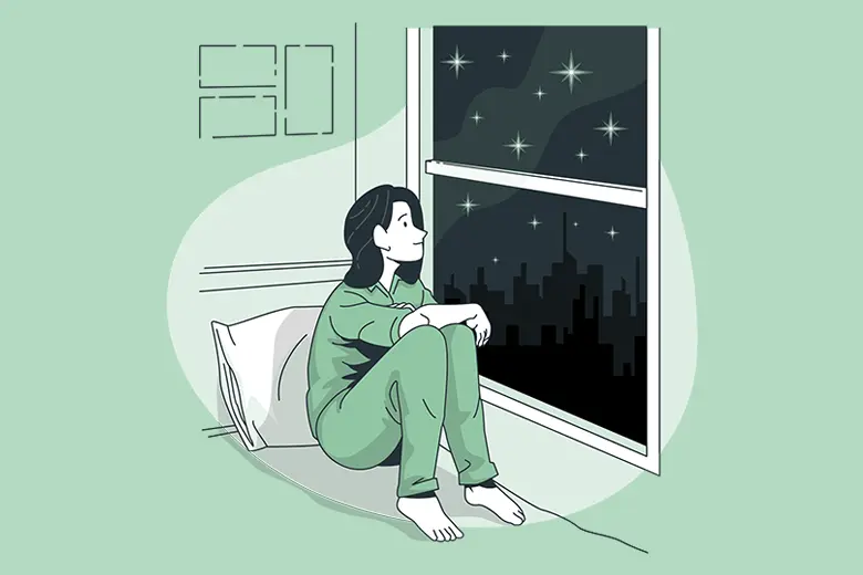 La imagen muestra una ilustración de una chica mirando hacia las estrellas a través de su ventana