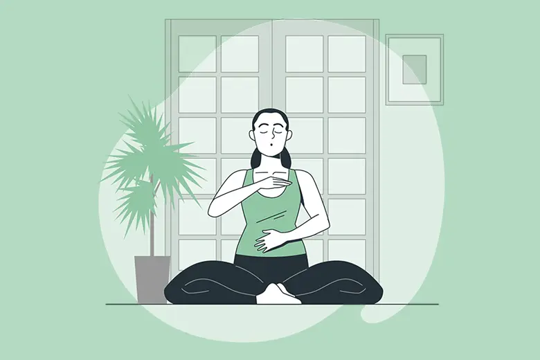 La imagen muestra una ilustración de una mujer joven meditando
