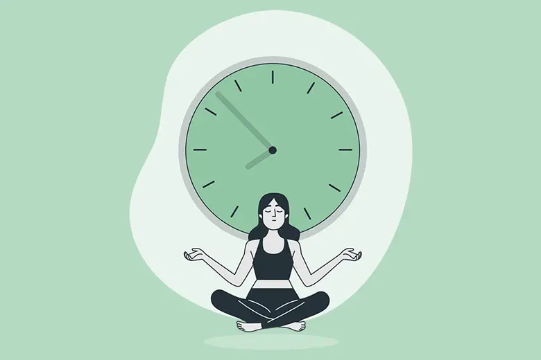 La imagen muestra una ilustración de una mujer joven meditando con un reloj a su espalda
