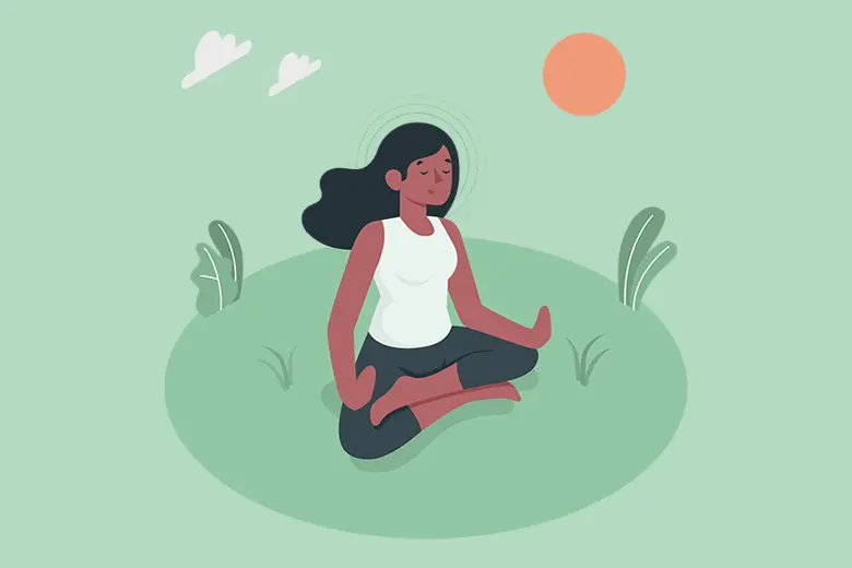 La imagen muestra una ilustración de una mujer joven meditando en el exterior
