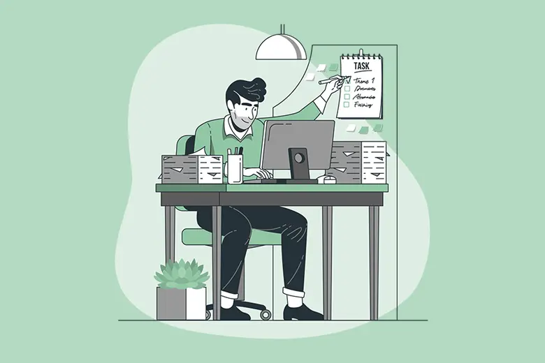 La imagen muestra una ilustración de un joven trabajando en una lista de tareas en su escritorio