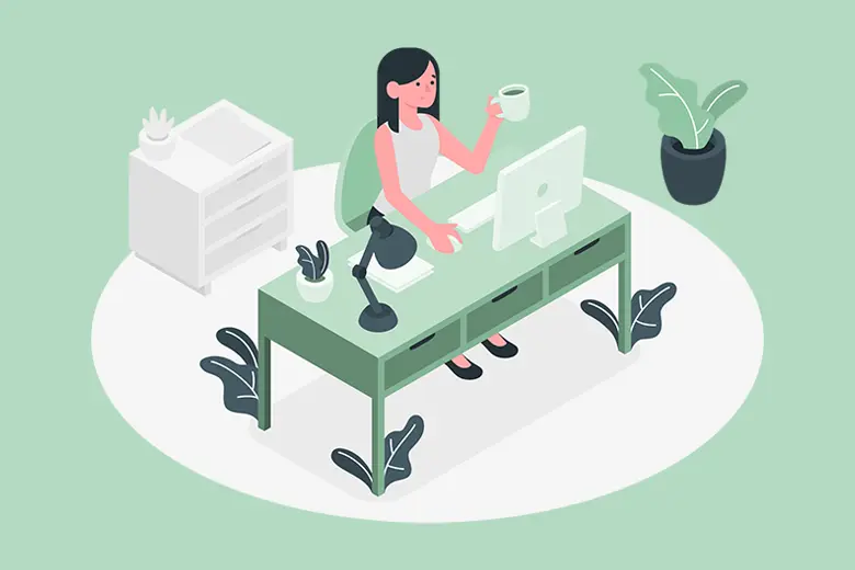 La imagen muestra una ilustración de una mujer trabajando en su escritorio mientras toma café