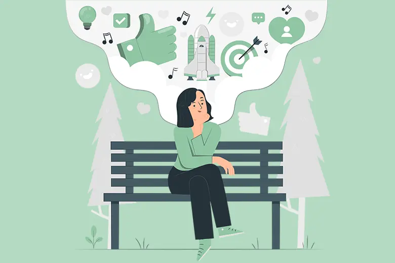 La imagen muestra una ilustración de una mujer sentada en una banca mientras piensa en cosas positivas