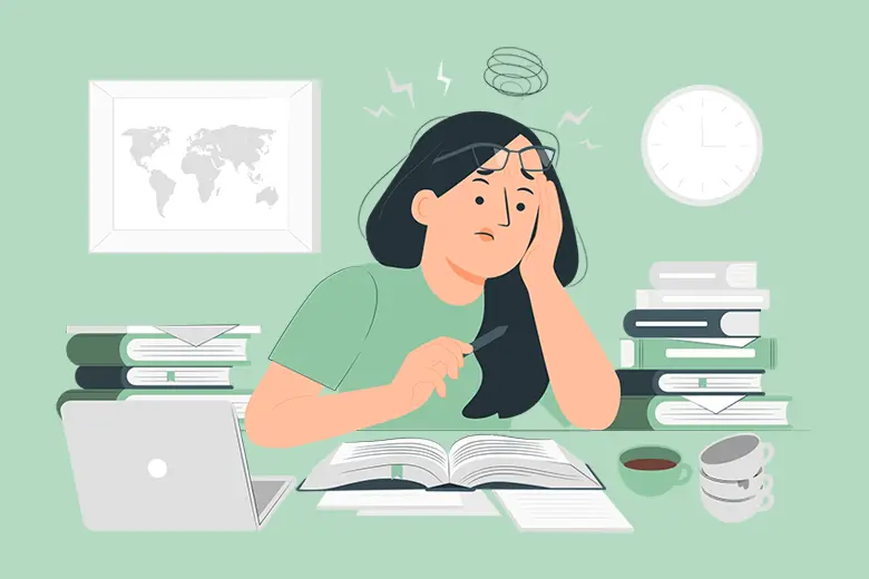 La imagen muestra una ilustración de un chica joven tratando de trabajar en su escritorio