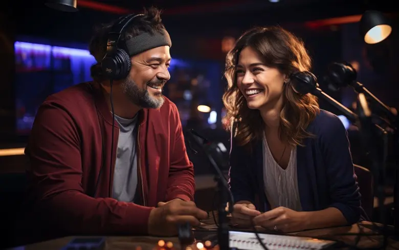 La imagen muestra a un hombre y una mujer hablando en un podcast