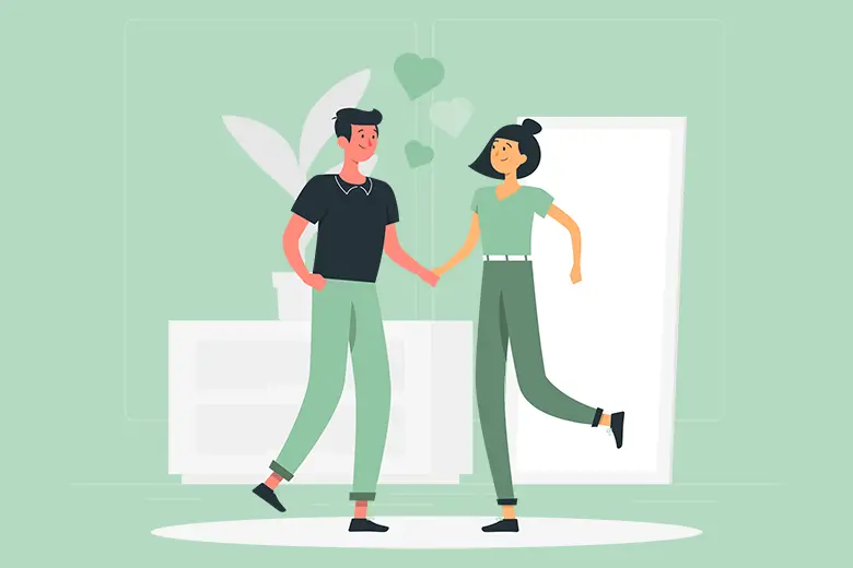La imagen muestra una ilustración de una pareja agarrada de las manos