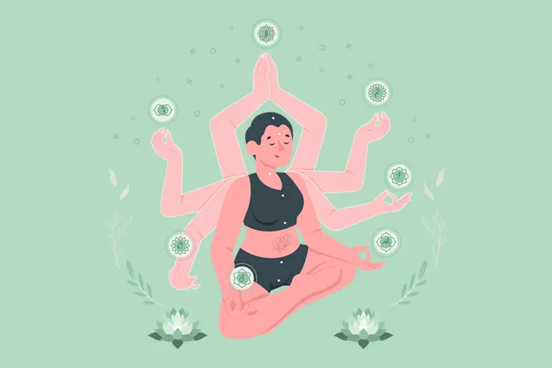 Es una ilustración de una mujer joven meditando con varios brazos a su alrededor, flores de loto, hojas de laurel y otros símbolos budistas