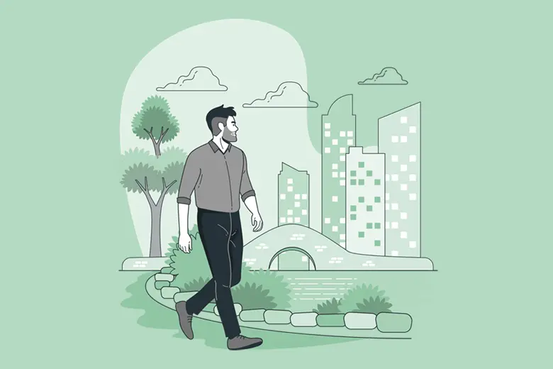 Es una ilustración de un joven caminando por un parque