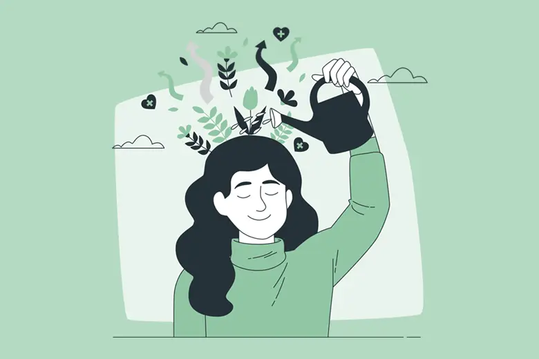 Es una ilustración de una mujer joven regando su cabeza con agua mientras flores y otras plantas surgen de ella.