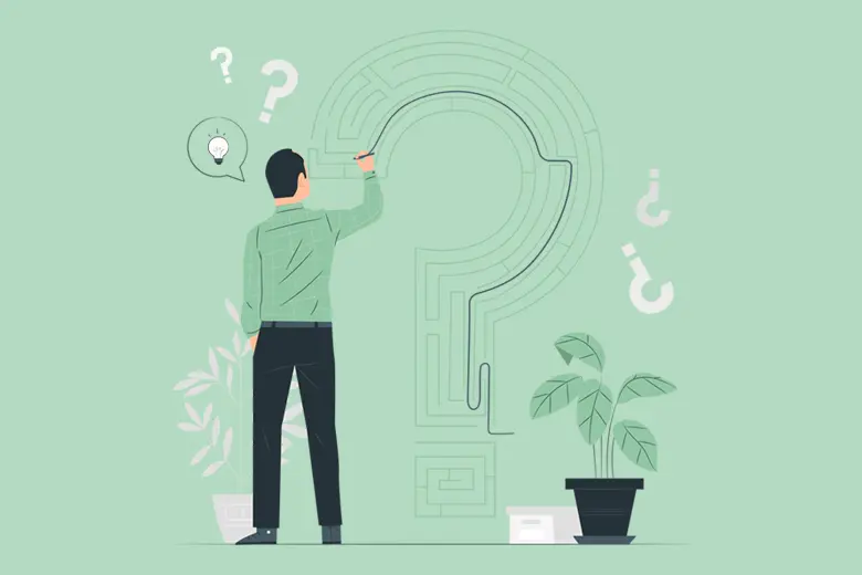 Es una ilustración de un hombre dibujando un signo de interrogación en forma de laberinto rodeado de otros signos de interrogación y objetos.