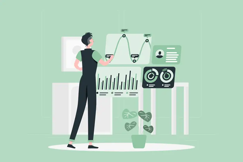 La imagen muestra una ilustración de una científica haciendo análisis de distintos datos
