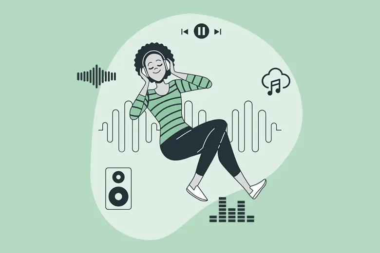 La imagen muestra una ilustración de una mujer joven escuchando música en cama