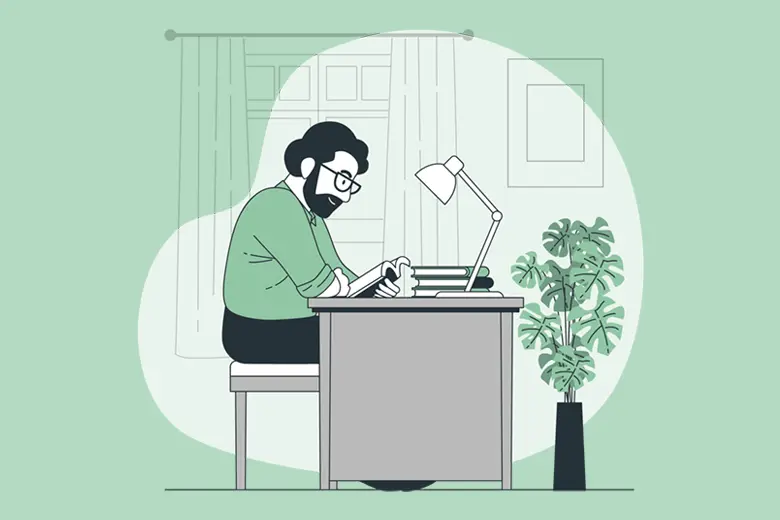 La imagen muestra una ilustración de un hombre leyendo en su escritorio
