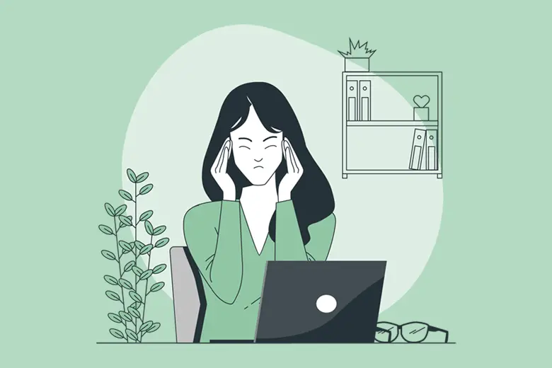 La ilustración muestra a una mujer joven tocándose las sienes dando a entender que le duele la cabeza mientras trabaja en su oficina