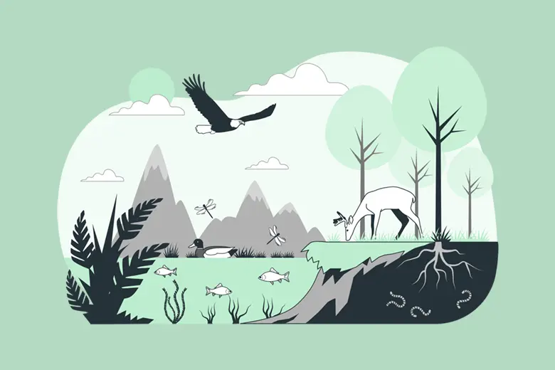 La ilustración muestra a varios animales en el bosque