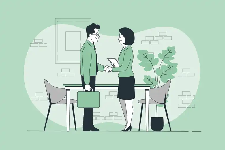 Es una ilustración que muestra a un hombre y a una mujer saludándose durante una reunión.