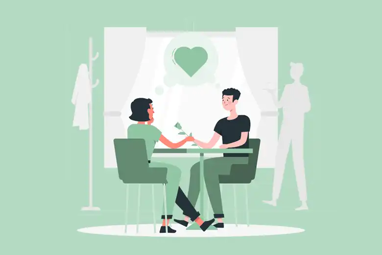 Es una ilustración que muestra a un hombre y a una mujer en una cita romántica. El hombre le está dando una flor a la mujer y entre los dos se eleva un corazón.