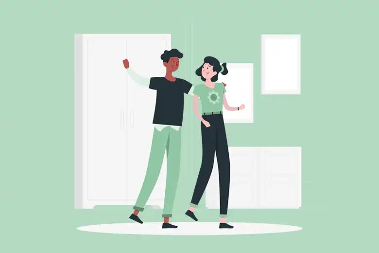 Es una ilustración que muestra a un hombre y a una mujer entrando en una casa. El hombre tiene su brazo alrededor de la mujer.