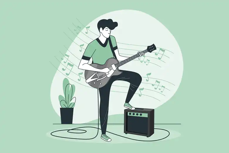 La ilustración muestra a un chico joven tocando una guitarra eléctrica.