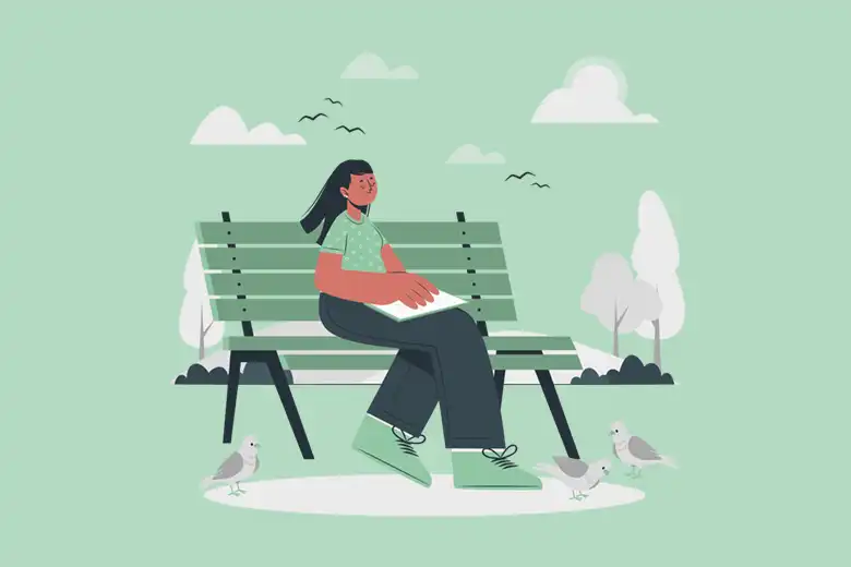 La ilustración muestra a una chica joven sentada en un banco en un lugar público con los ojos cerrados.