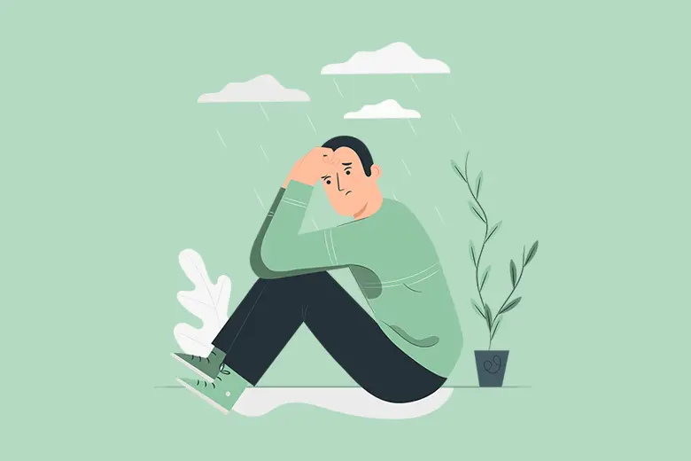 Es una ilustración que muestra a un hombre sentado y viéndose preocupado.