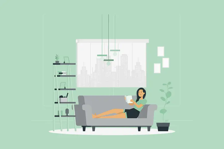 Ilustración de mujer leyendo en su sofá.