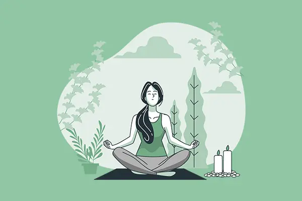 Es una ilustración en tonos verdes que muestra a una mujer meditando.