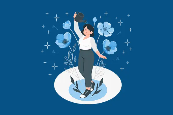 Es una ilustración de una mujer regando agua sobre su cabeza y varias flores surgen a su alrededor.
