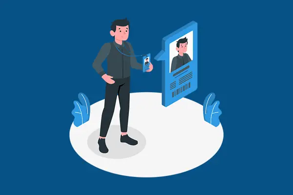 Ilustración de hombre mostrando credencial de acceso.