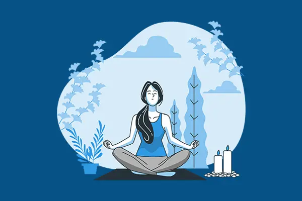 Es una ilustración en tonos azules que muestra a una mujer meditando.